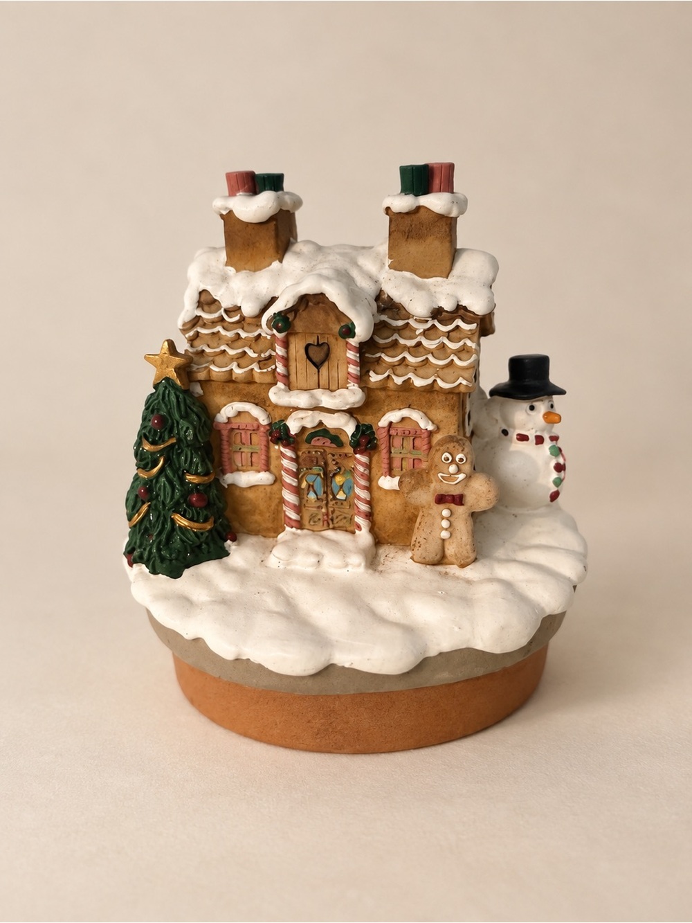 Holiday Gingerbread House Figurine with Tree and Snowman - Brown/White